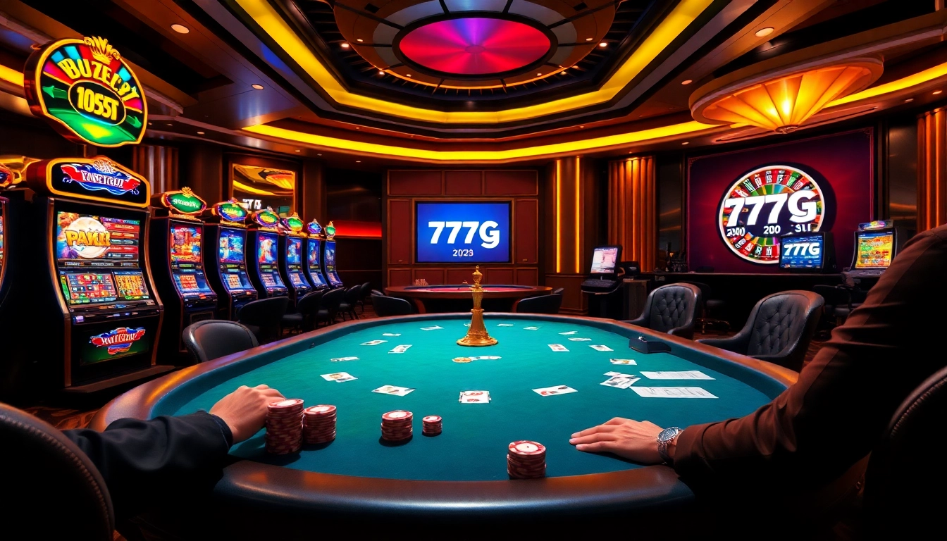Players strategizing at a glamorous poker table in a 777g casino setting.