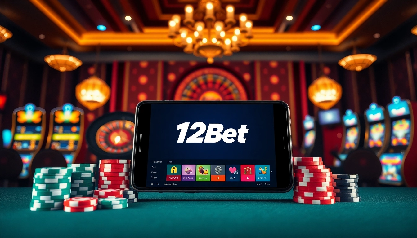 Experience the excitement of online gambling with link 12bet on a vibrant casino interface featuring roulette, poker chips, and slot games.