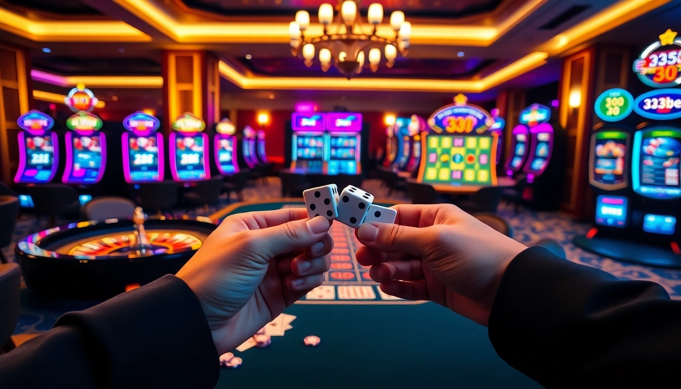Players enjoying an exciting casino experience at 333bet, surrounded by vibrant slot machines and elegant tables.