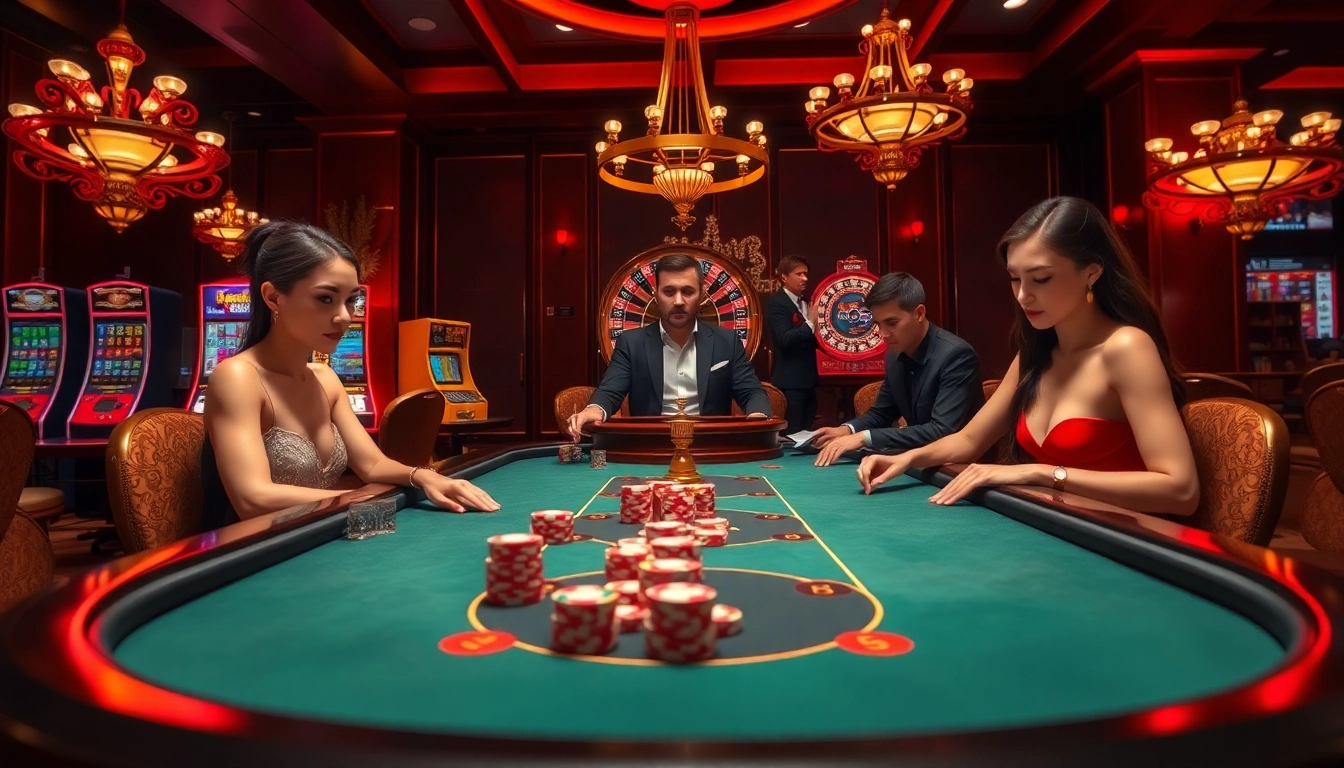 Experience the thrill of Đăng Nhập GO8 at a luxurious casino with poker tables and vibrant gameplay.
