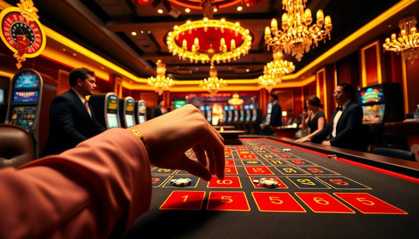 A player places a bet at a vibrant casino table, representing the thrilling experience at https://mm88.observer/.