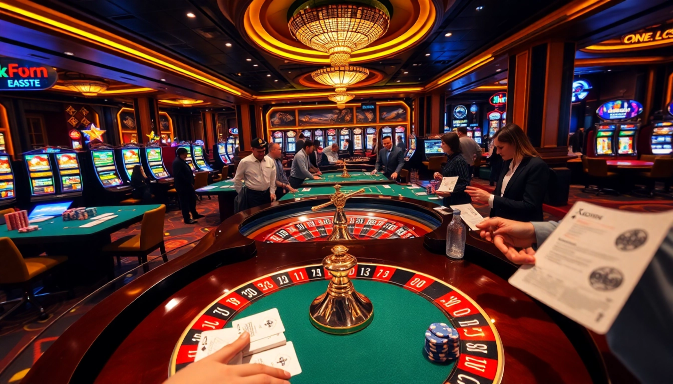 Betting excitement at Okfun's luxurious casino with roulette and poker games.