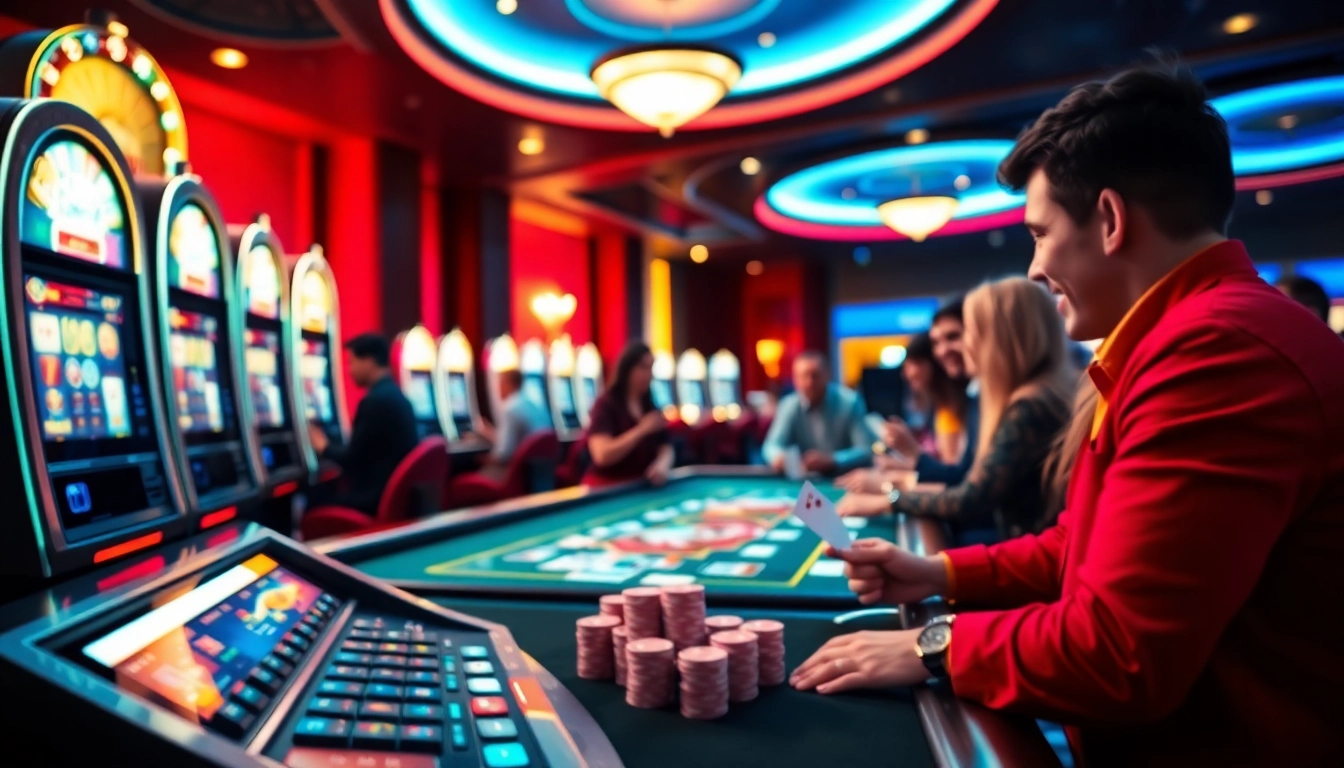 Vibrant casino en ligne scene showcasing excited players at tables and gaming machines.