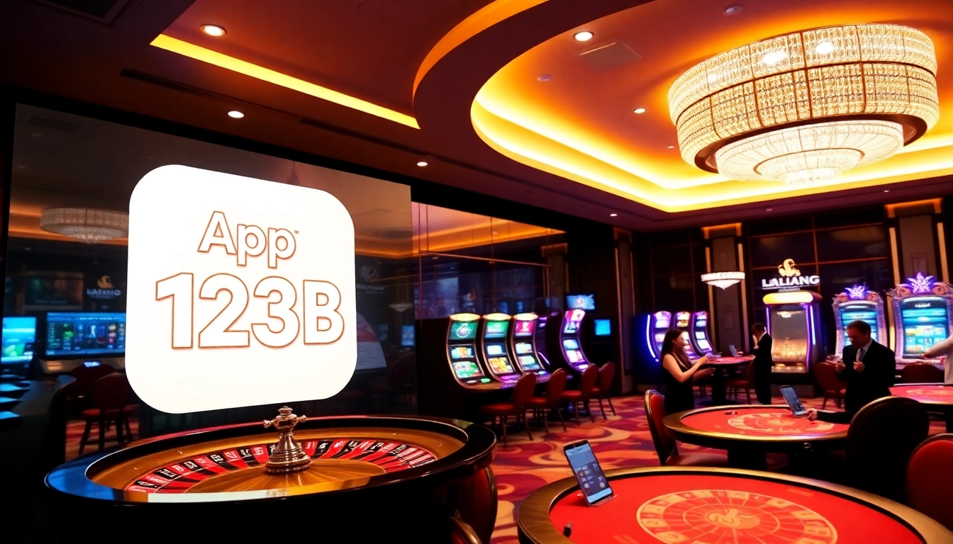 Experience the excitement of App 123B with vibrant casino visuals featuring table games and roulette.