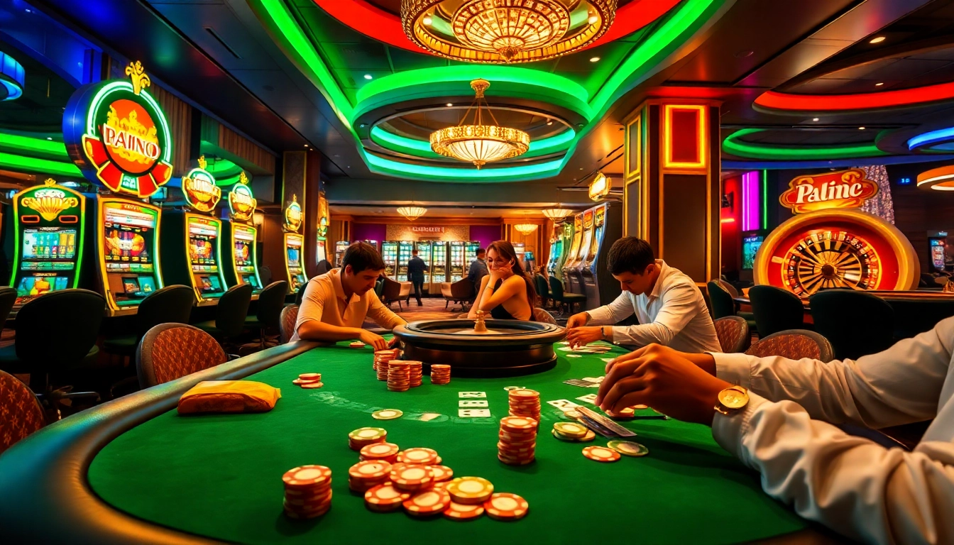 Engaging casino scene at S8.boston with poker players and vibrant slot machines.