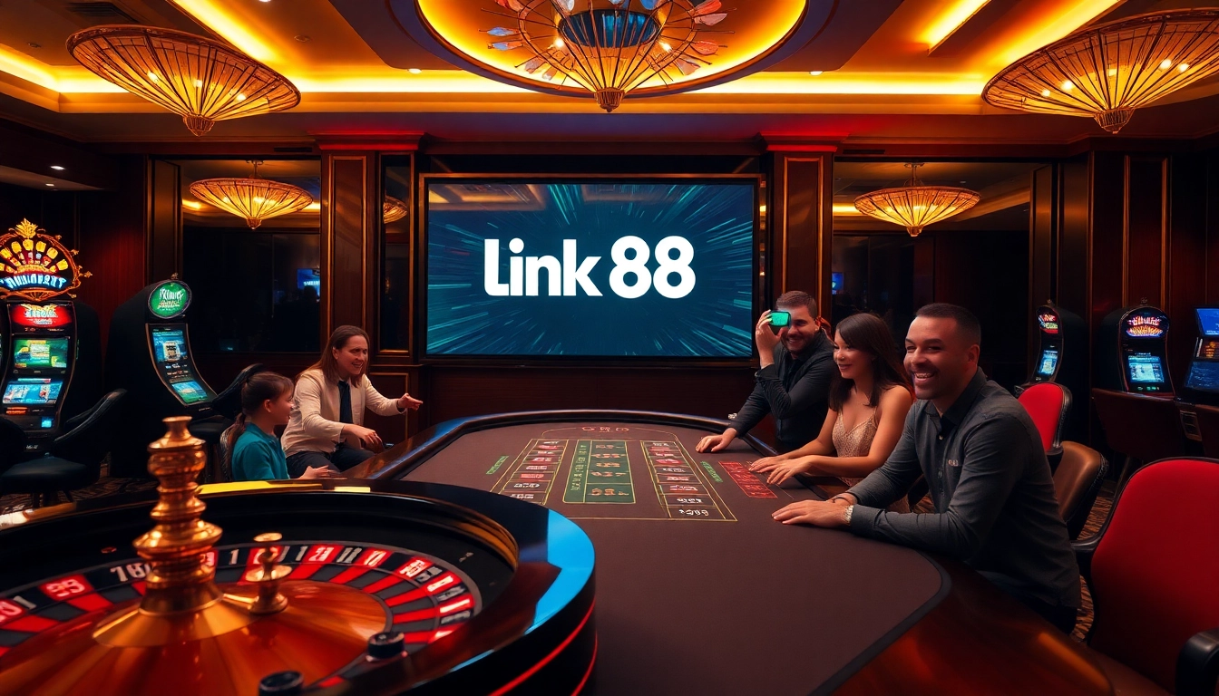Experience the excitement of Link Go88 with players enjoying roulette and poker in a luxurious casino.