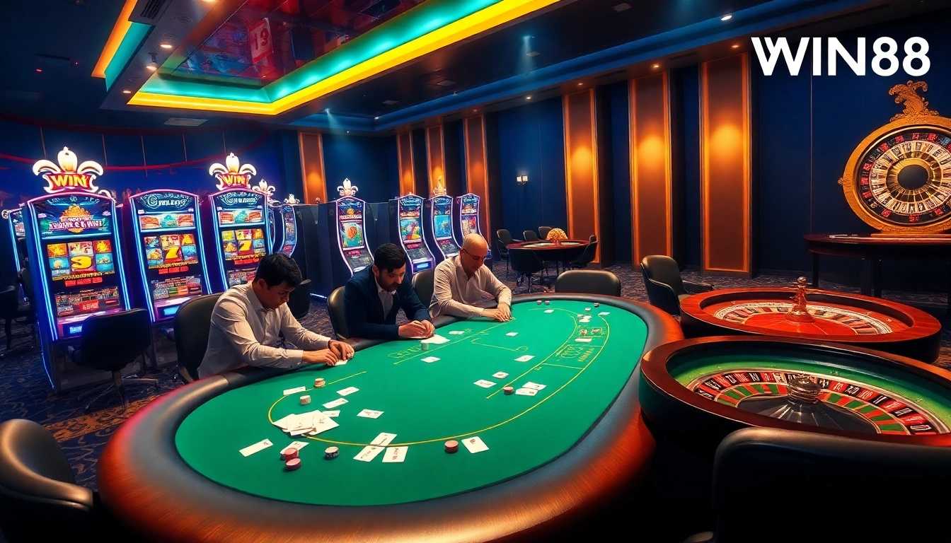 IWIN68 casino scene with players at a poker table and vibrant slot machines, showcasing luxury and excitement.