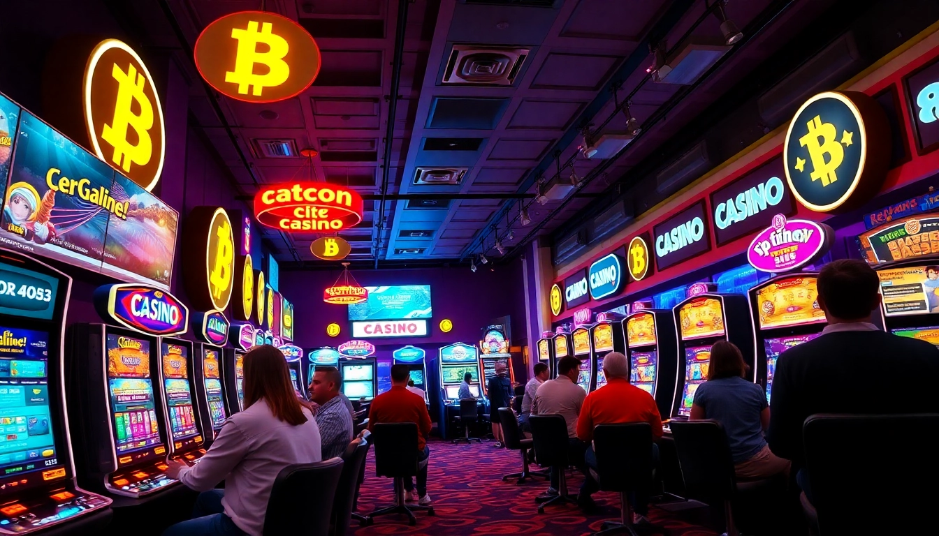 Jouer dans un crypto casino animé avec des machines modernes et une atmosphère vibrante.