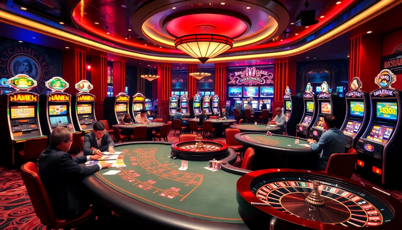 Captiver les joueurs au meilleur casino en ligne français entouré de tables et de machines à sous vibrantes.