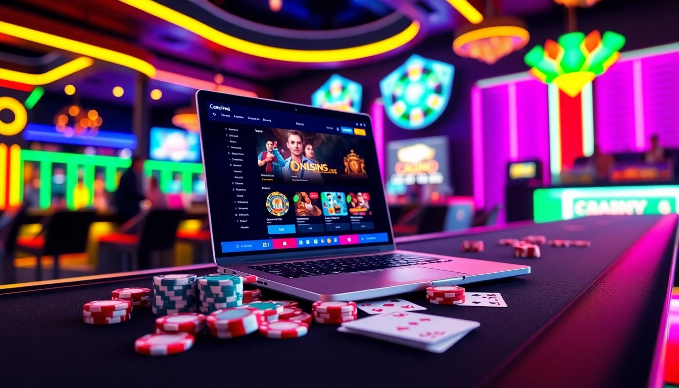 Jouer sur meilleur casino en ligne belgique avec un ordinateur portable entouré de jetons et de cartes.