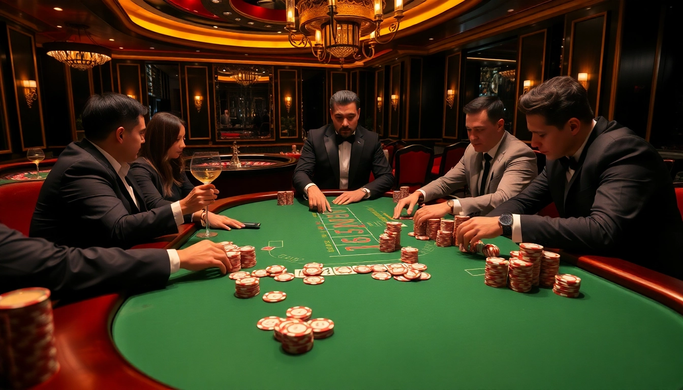 A professional poker scene at nhà cái 789win featuring high-stakes players, vibrant chips, and strategic gameplay.