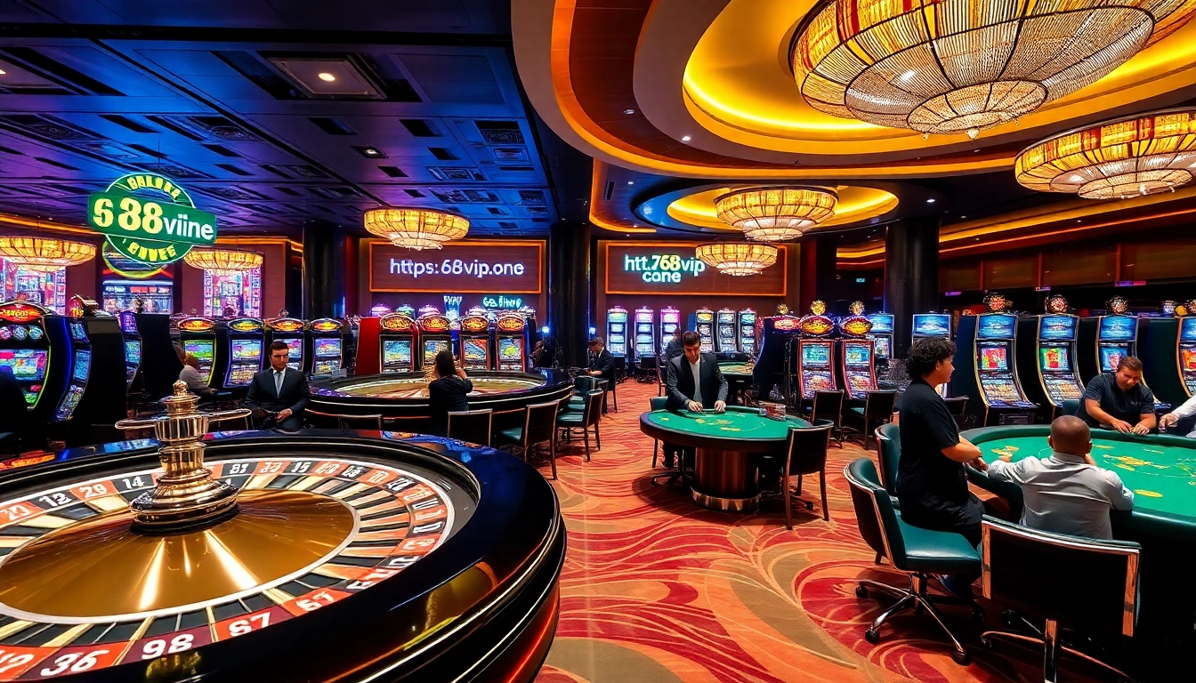 Players enjoying high-stakes games at https://68vip.one/ casino tables in a luxurious setting.