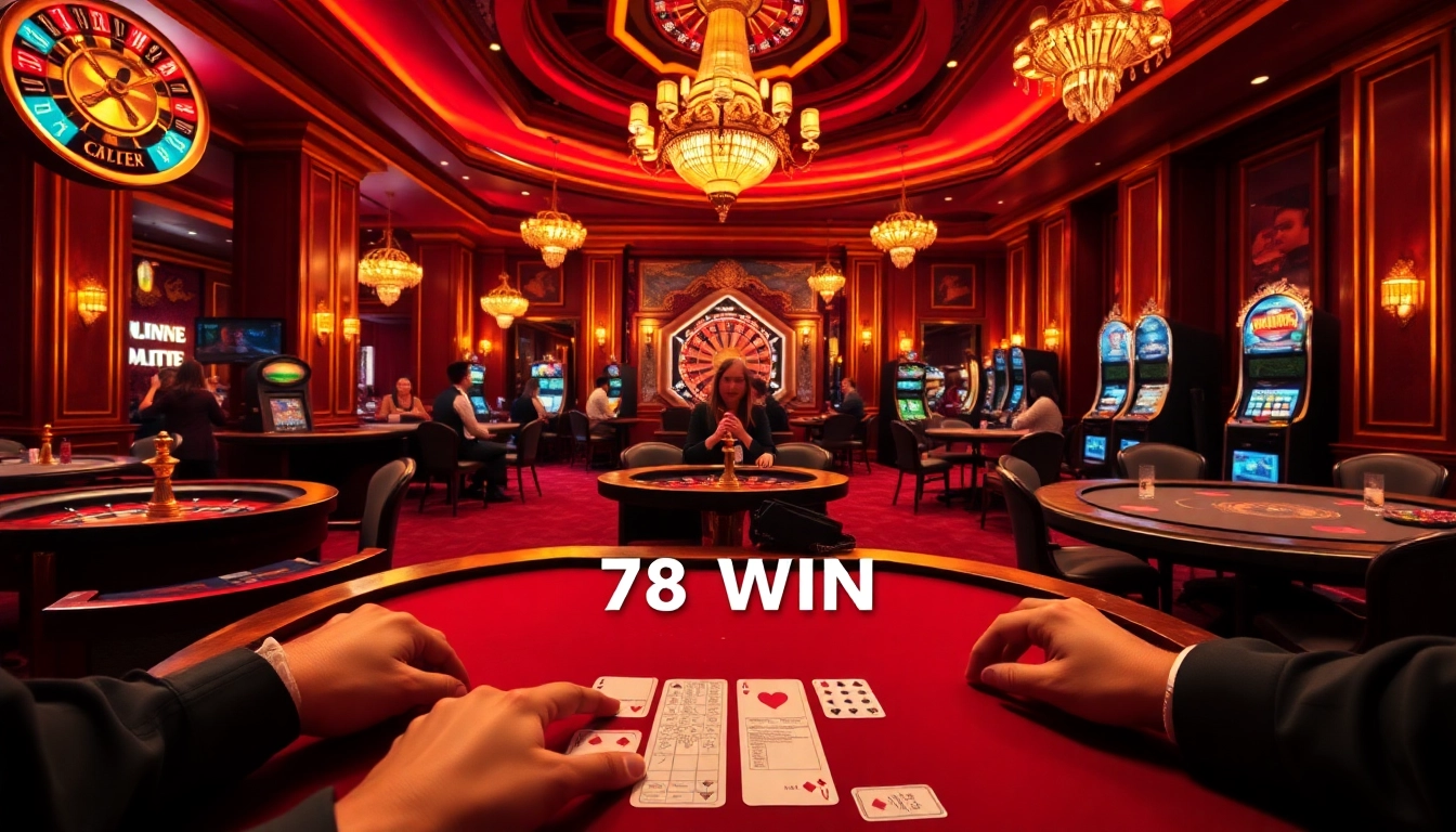 Players celebrating a big win at a casino table, emphasizing 78 WIN with vibrant games and luxurious ambiance.
