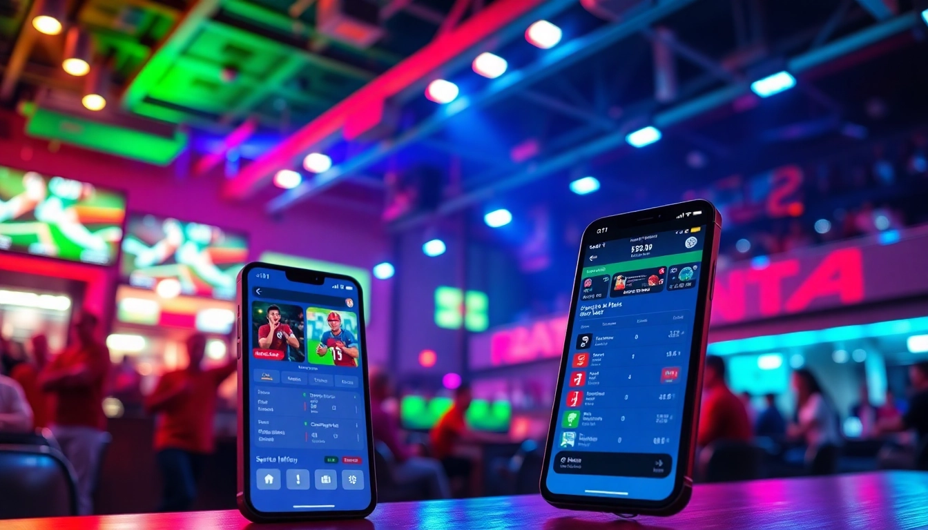 Placing bets on a site de paris sportifs with a lively sports atmosphere around.