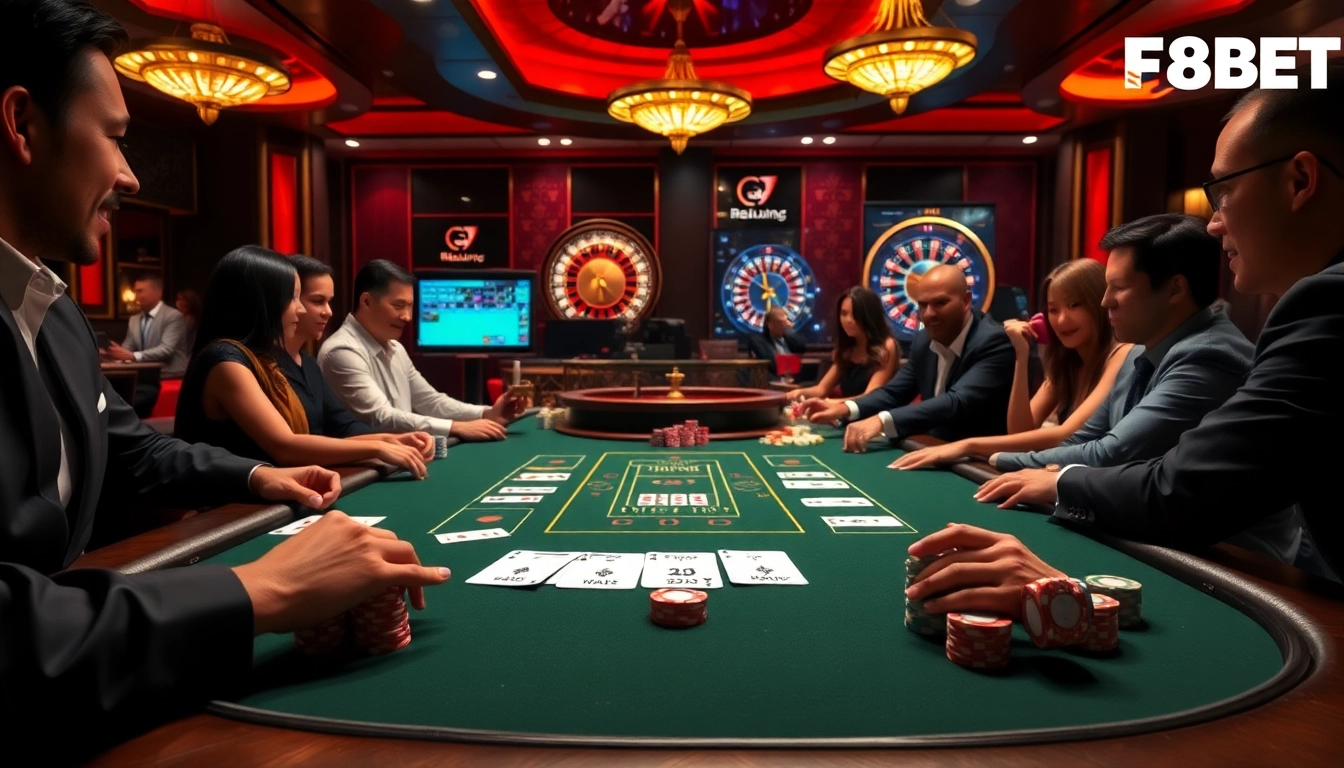 Players enjoying a thrilling poker game at F8BET with vibrant chips and cards.