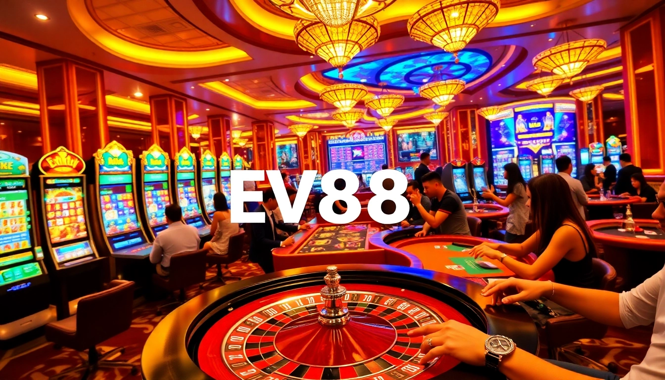 Ev88 online casino players enjoying a vibrant gaming experience at poker tables and slots.