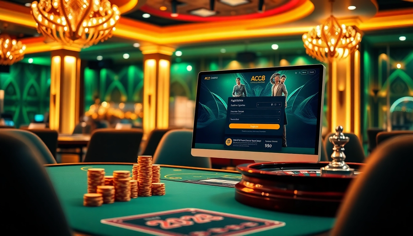 Register for Đăng Ký ABC8 with an inviting online casino scene featuring poker chips and cards.