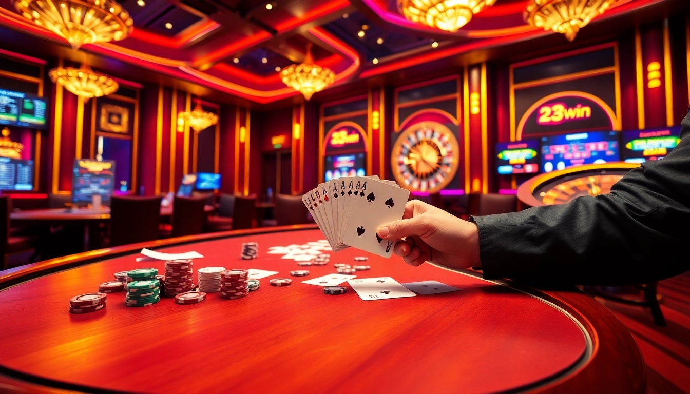 Winning hand at 23win's casino table with vibrant neon lighting