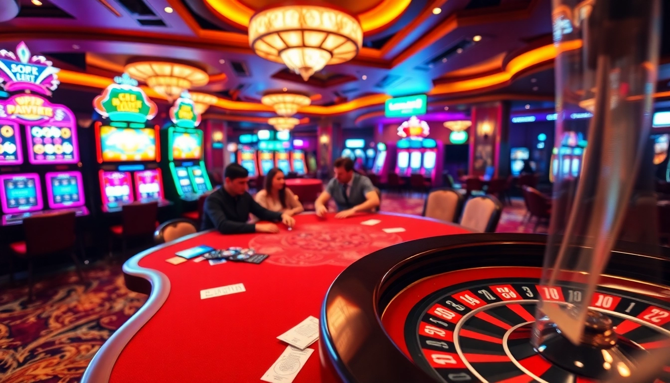 Experience the thrilling atmosphere of Luck8 with high-stakes poker and vibrant slot machines.