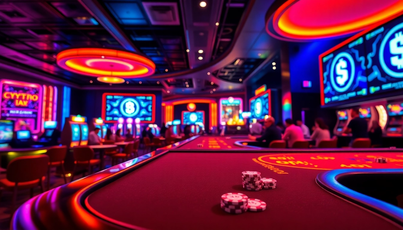 Joueurs engrossés dans l'excitation d'un crypto casino moderne avec des lumières vives.