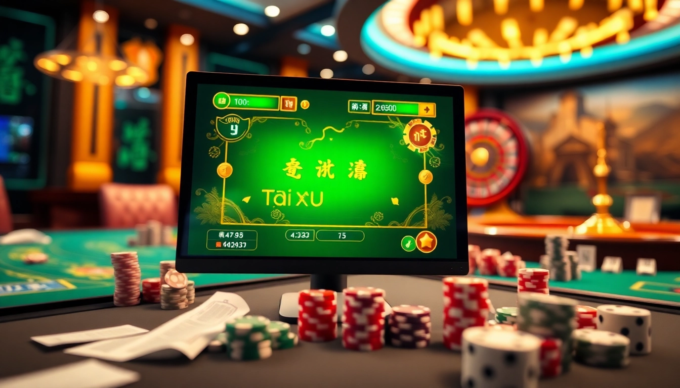 A vibrant online tài xỉu game interface framed by authentic casino elements, perfect for inviting gamers.