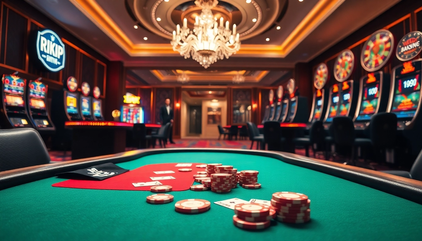Engaging Rikvip gambling scene with poker chips, cards, and casino tables.