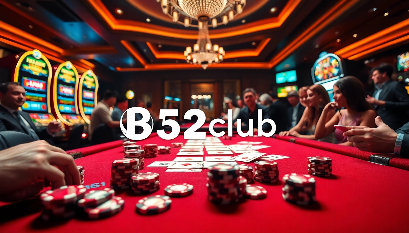 B52club players enjoying an exciting round of poker with vibrant casino elements.
