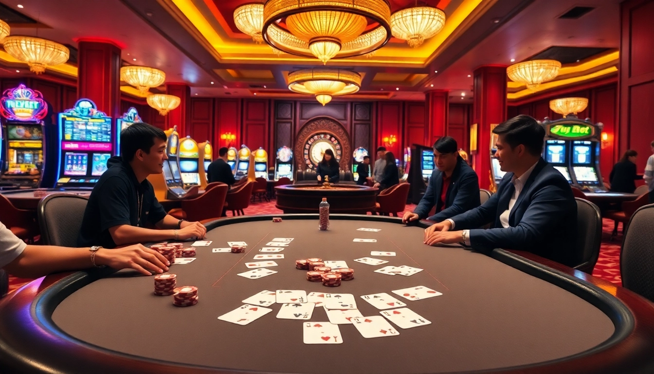 Exciting casino atmosphere with players at a poker table and vibrant slot machines at 789BET.