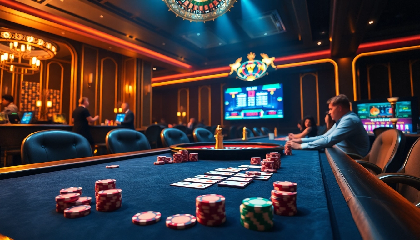 Engaging scene of 79 King casino with players enjoying poker and roulette in a luxurious environment.