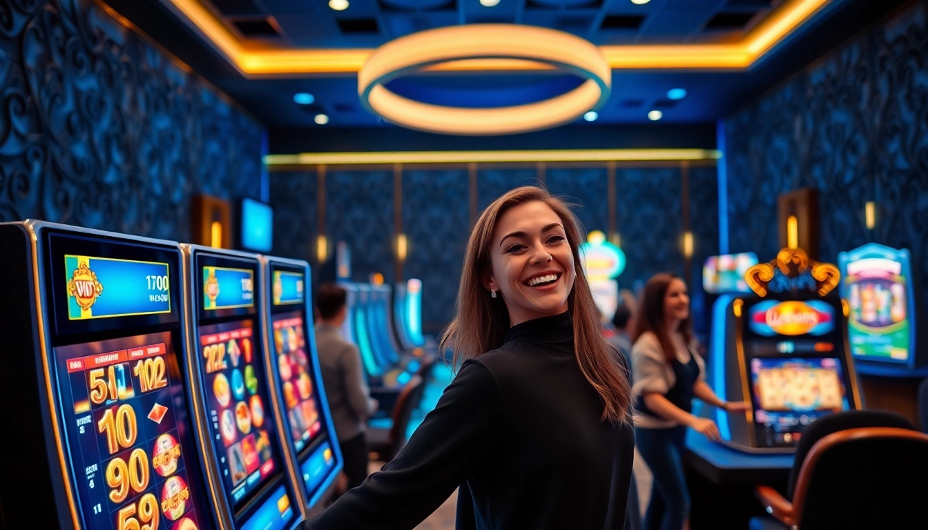 Jouer à des machines à sous au casino en ligne avec une ambiance luxueuse et des lumières brillantes