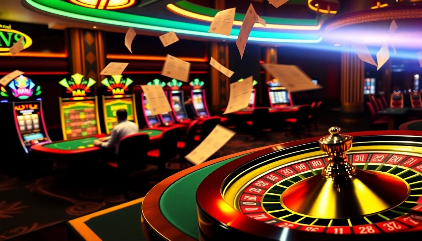 Engaged players at a vibrant site de paris sportif nouveau with colorful betting slips and casino tables.