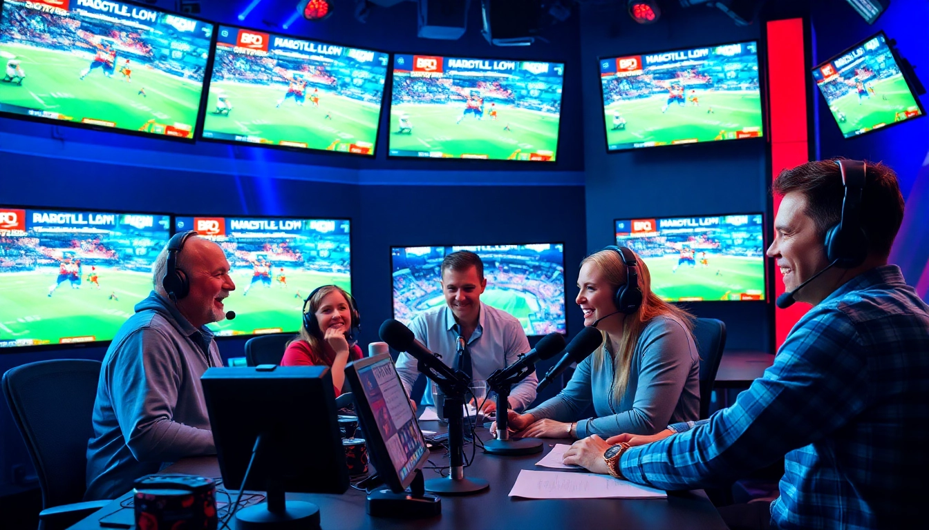 Engaging atmosphere of sports broadcasting with hosts and multiple screens in action.