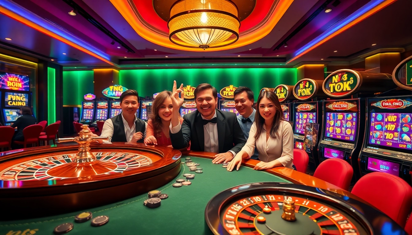 Captivating scene of players enjoying nổ hũ slots in an upscale casino.