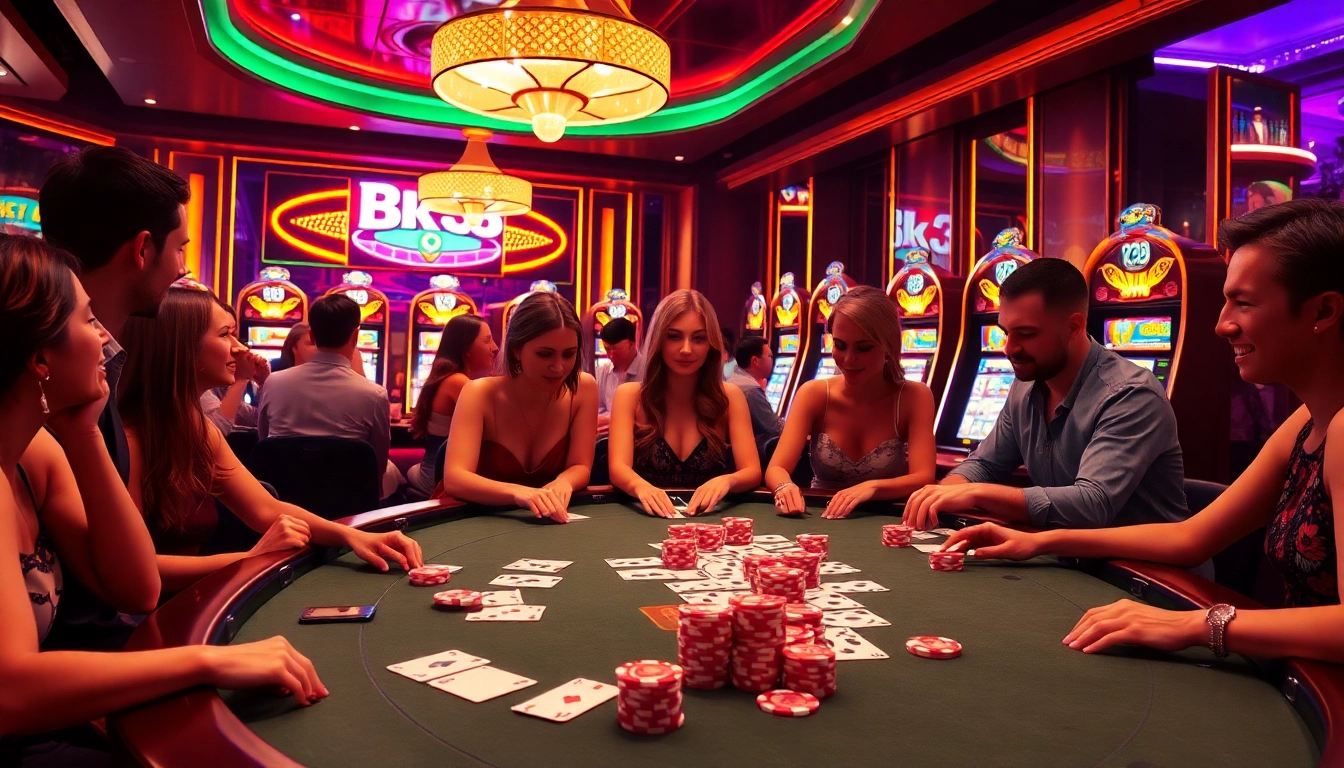 Experience the thrill of the Bk33 club with vibrant casino elements, including poker chips and gaming tables.