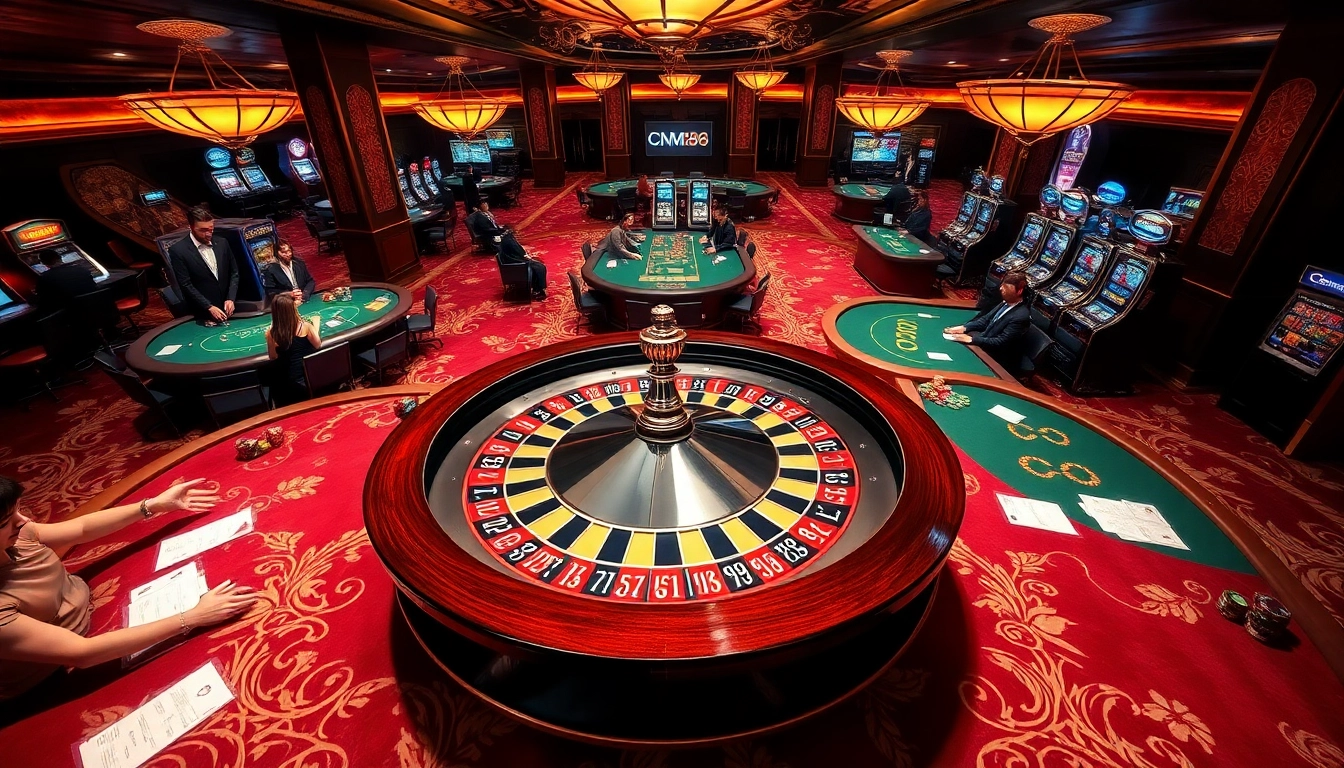 Players enjoying high-stakes games at CM88 casino with exciting roulette and vibrant slot machines.