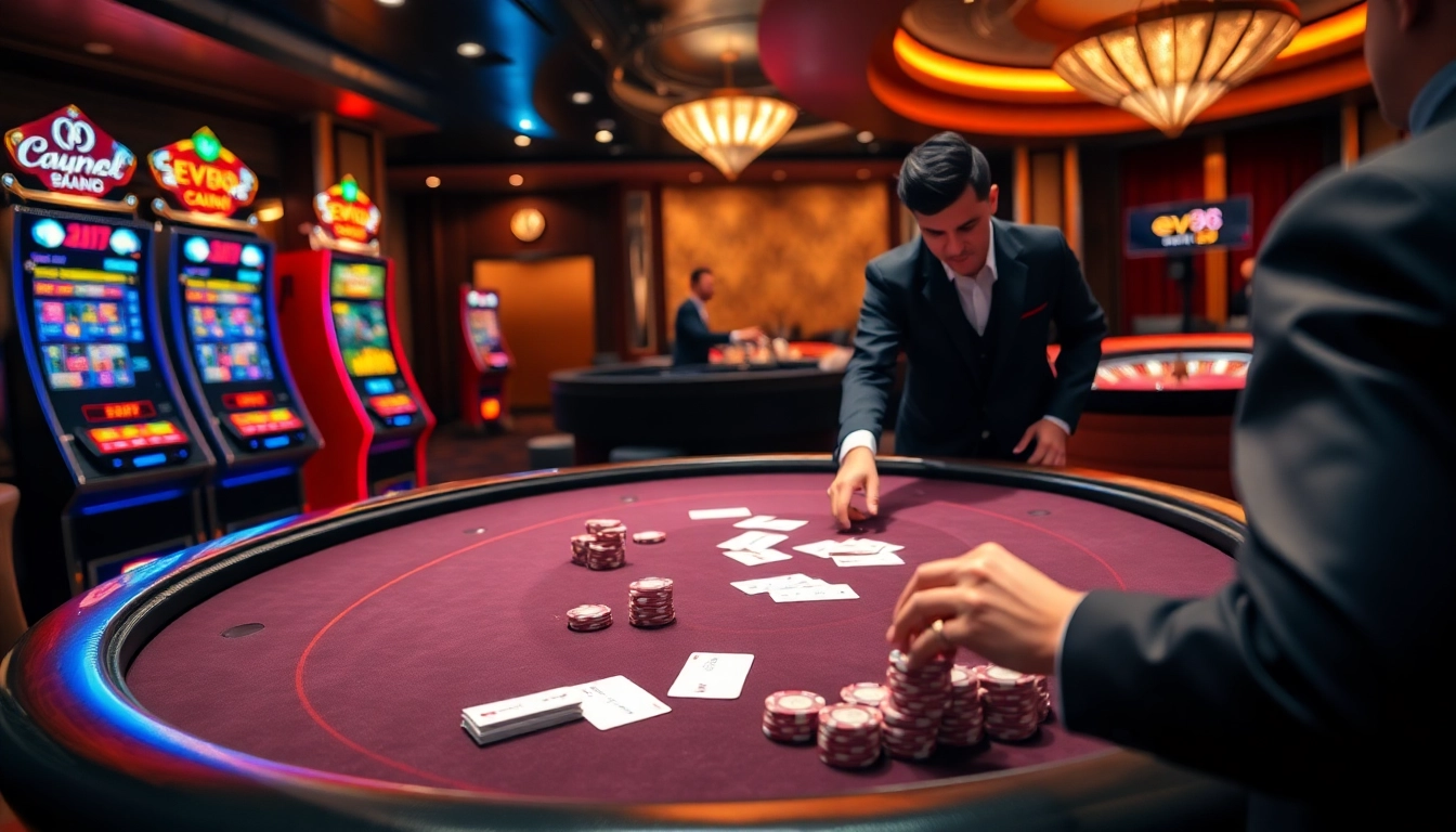 Experience the excitement of ev88 at a luxurious casino with vibrant poker tables and slot machines.