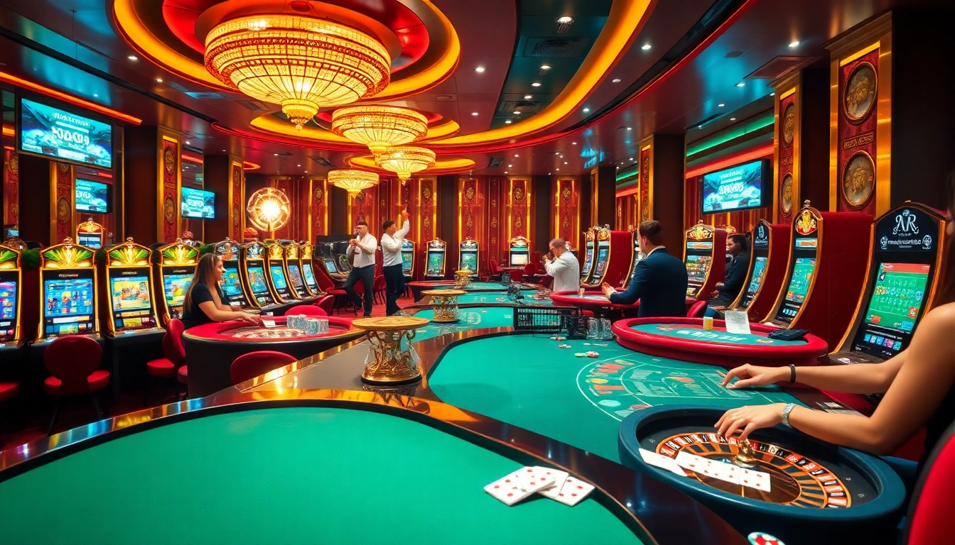 Gambling enthusiasts placing bets at a sophisticated site de pari en ligne, featuring vibrant gaming tables and technology.