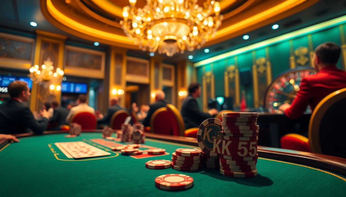 Experience thrilling poker action at KK55 tables in this stunning casino scene.