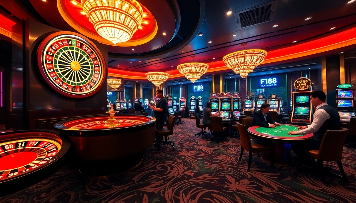 Gambling excitement at https://f168.vision/ with luxurious casino tables and winning players.