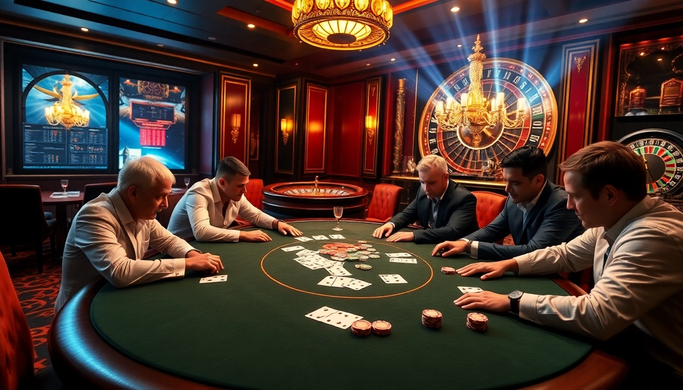 High-stakes poker table scene emphasizing casino en ligne Français with luxurious decor and gambling elements.
