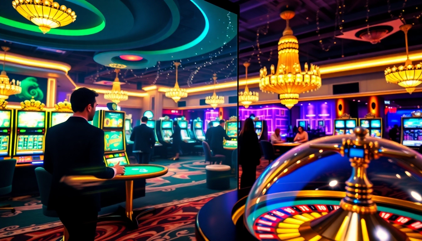 Engaging players at nouveaux casino en ligne around sleek gaming tables and vibrant machines.