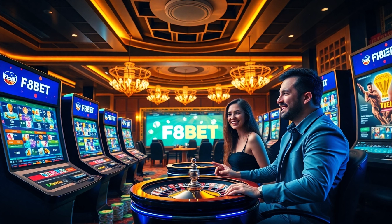 F8BET players enjoying a vibrant online casino experience with slot machines and poker chips