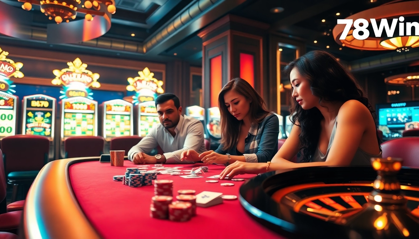 78Win players engaged in thrilling poker gameplay at a luxury casino table with vibrant chips and cards.