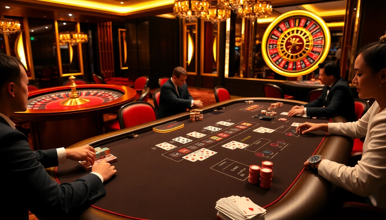 Xo88 casino players enjoying an exciting game of blackjack with vibrant poker chips and cards.