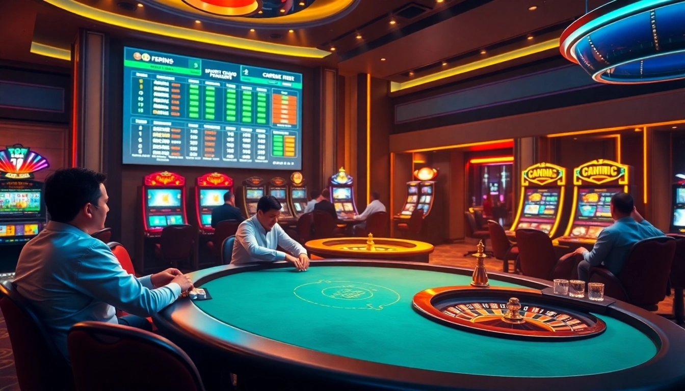 Top 10 nhà cái uy tín displayed in a vibrant casino with poker, slots, and betting excitement.