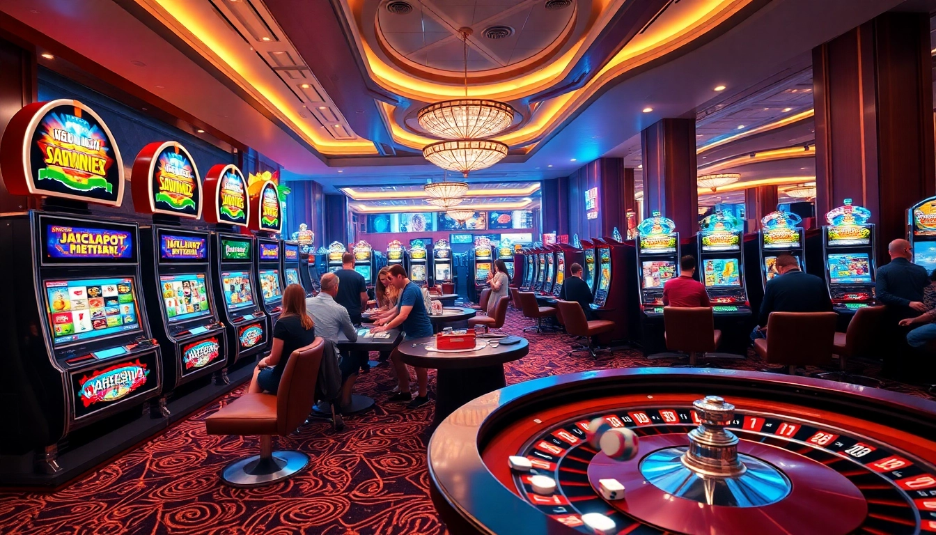 MMOO players enjoying an exciting atmosphere at a vibrant casino with slot machines and roulette tables.