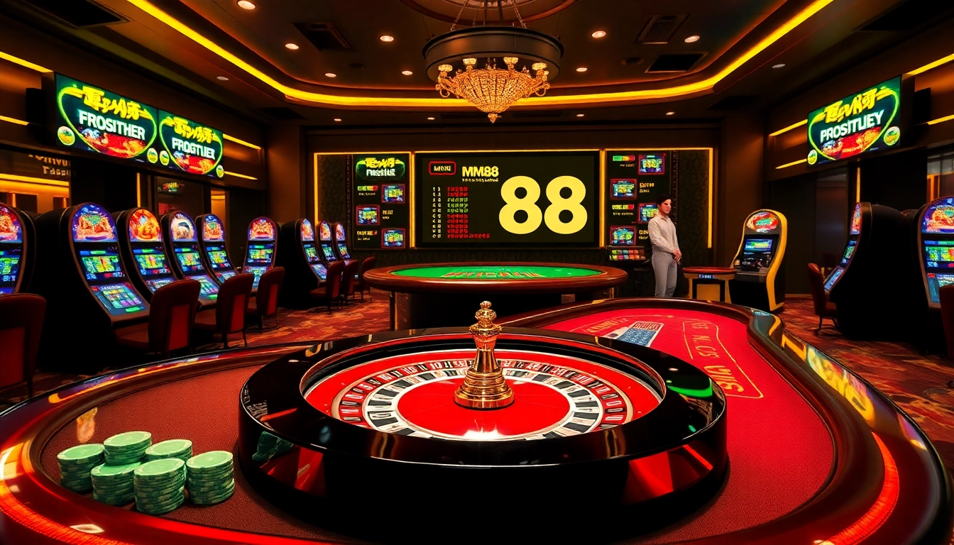 Experience the excitement of MM88 online gambling with a vibrant casino scene featuring roulette and poker.