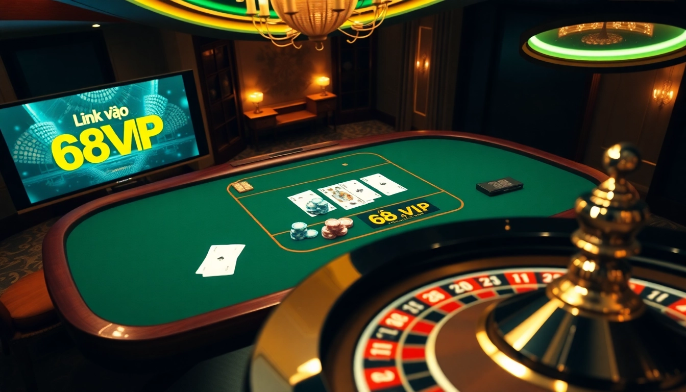 Engaging in thrilling gameplay at Link Vào Nhà Cái 68VIP with a luxurious poker table and roulette.