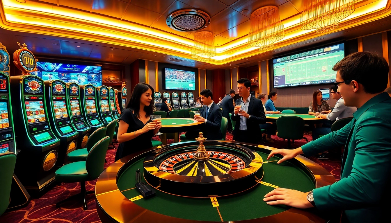 PS99 casino lounge with players enjoying slot machines and poker tables in a vibrant atmosphere.