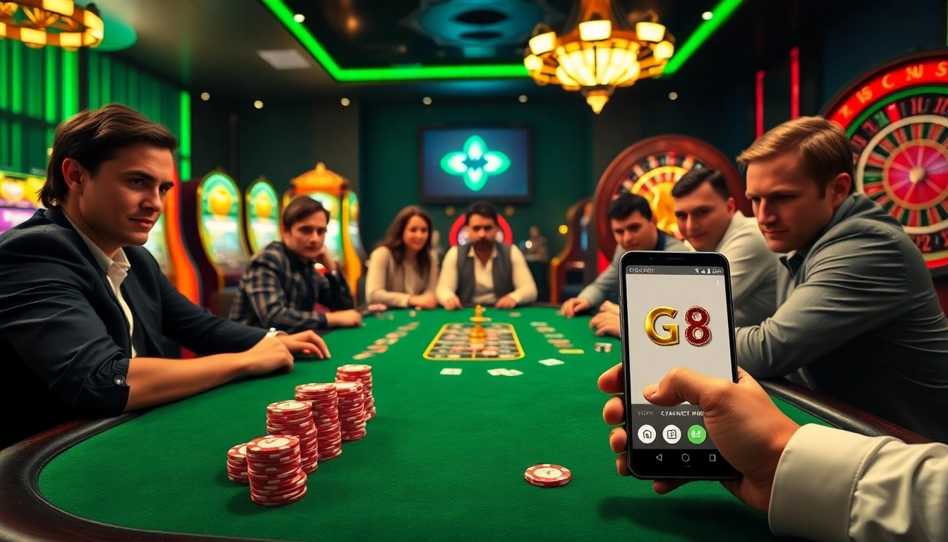 Players experience excitement at the go8 poker table, surrounded by vibrant casino elements.